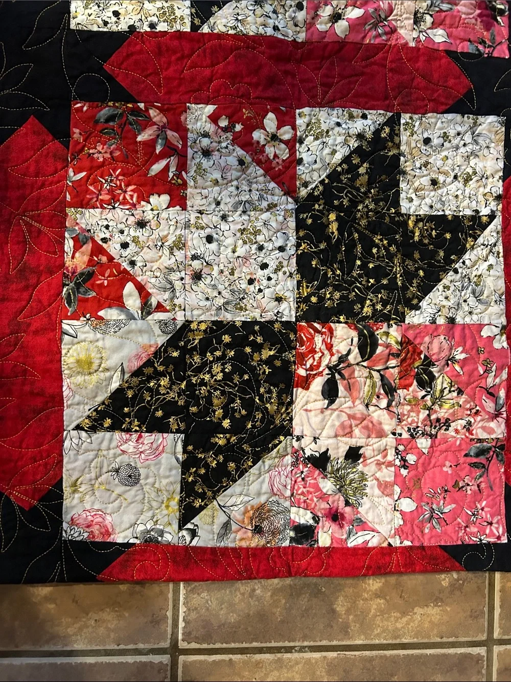 ONE IF A KIND - HANDCRAFTED Floral  Quilt - Red, Black, Pink and White.